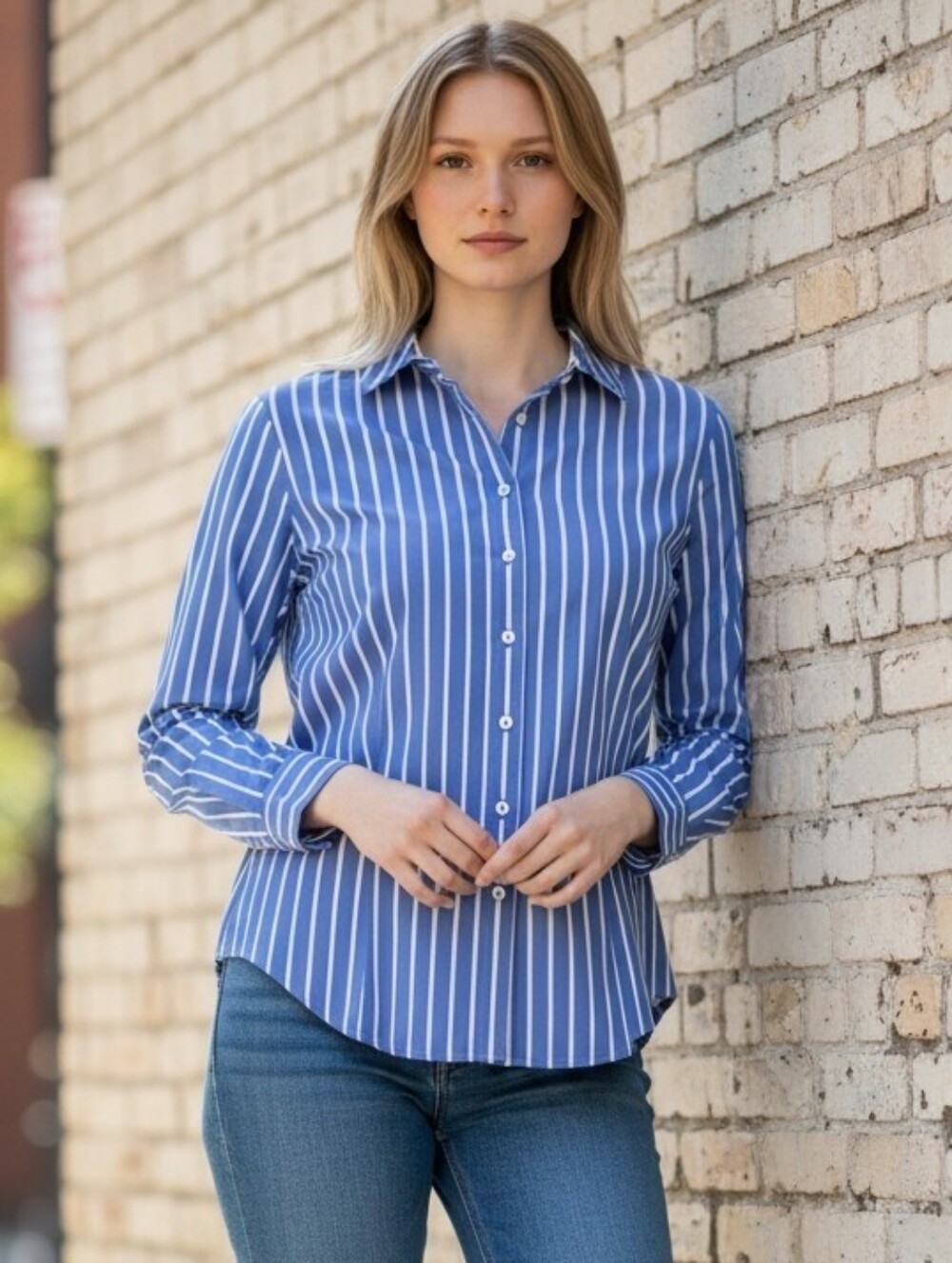 Talbots Non-Iron Striped Button Down Shirt Petite 6P, Blue White